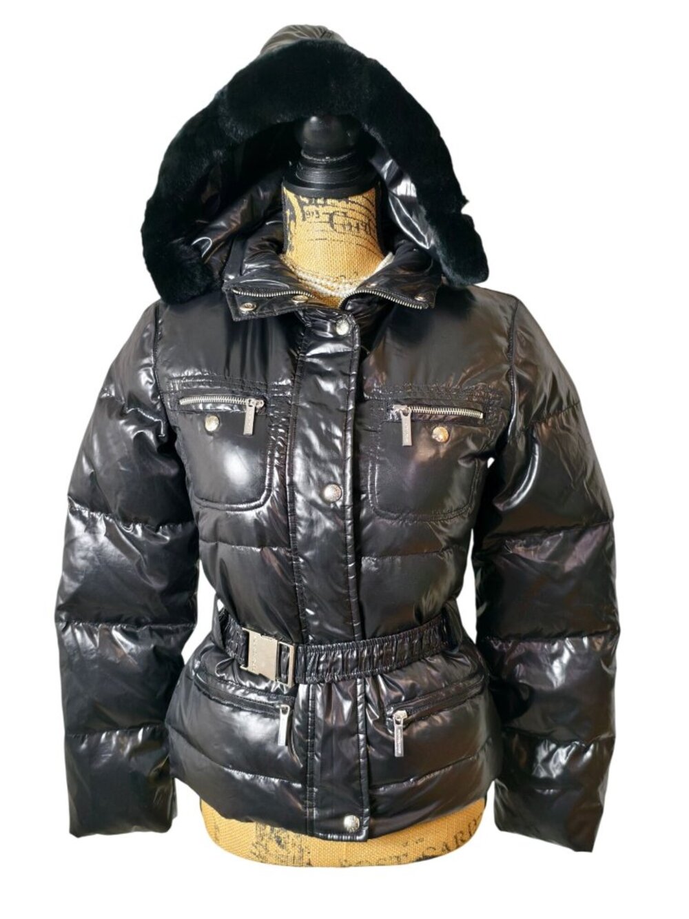 Michael Kors Womens XS Chic Black Puffer Jacket Faux Fur Hood Removeable Belted